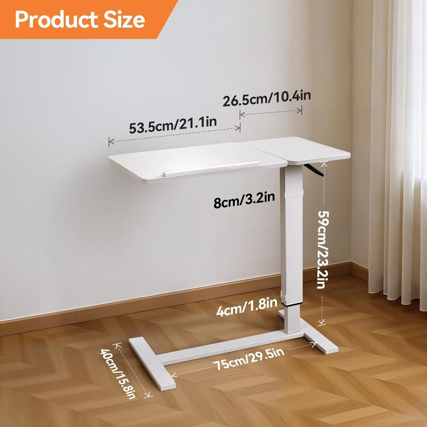 Overbed Standing Desk Adjustable Rolling Laptop Table Tilting Top White 80x40cm