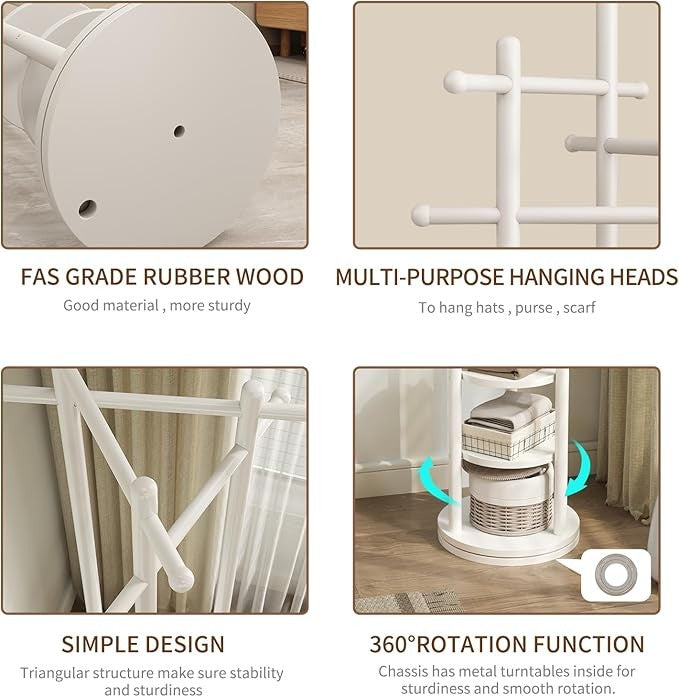 White Wooden Coat Rack Stand | 3 Shelves 360° Rotating 9 Hooks Hall Tree