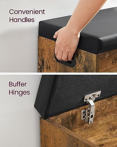 Rustic Brown Shoe Storage Bench with Cushion 3 Compartments Hidden Shelf Seat