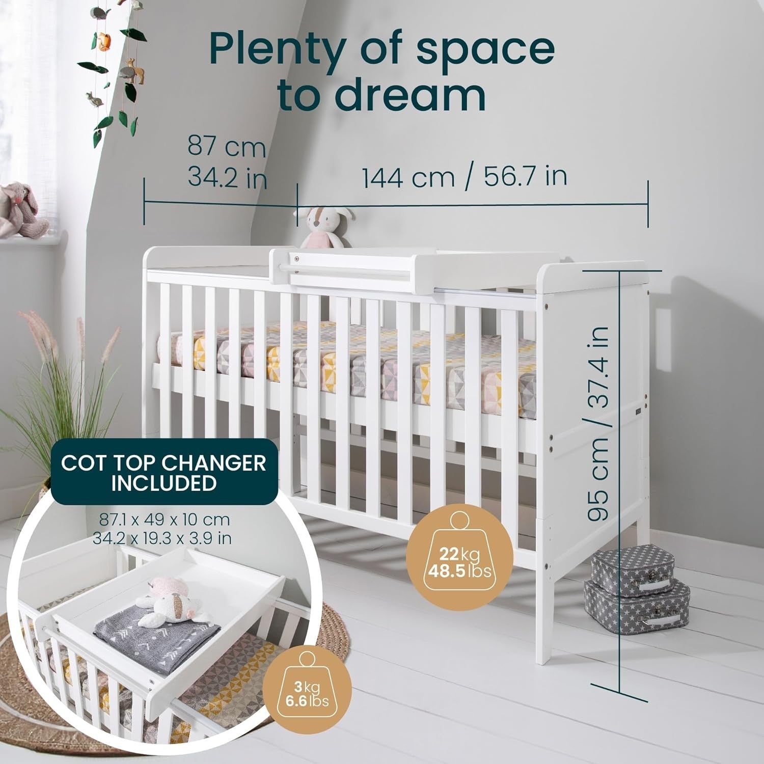 3in1 Mini Cot Bed with Drawer Toddler Sofa Adjustable Height Wooden Frame White