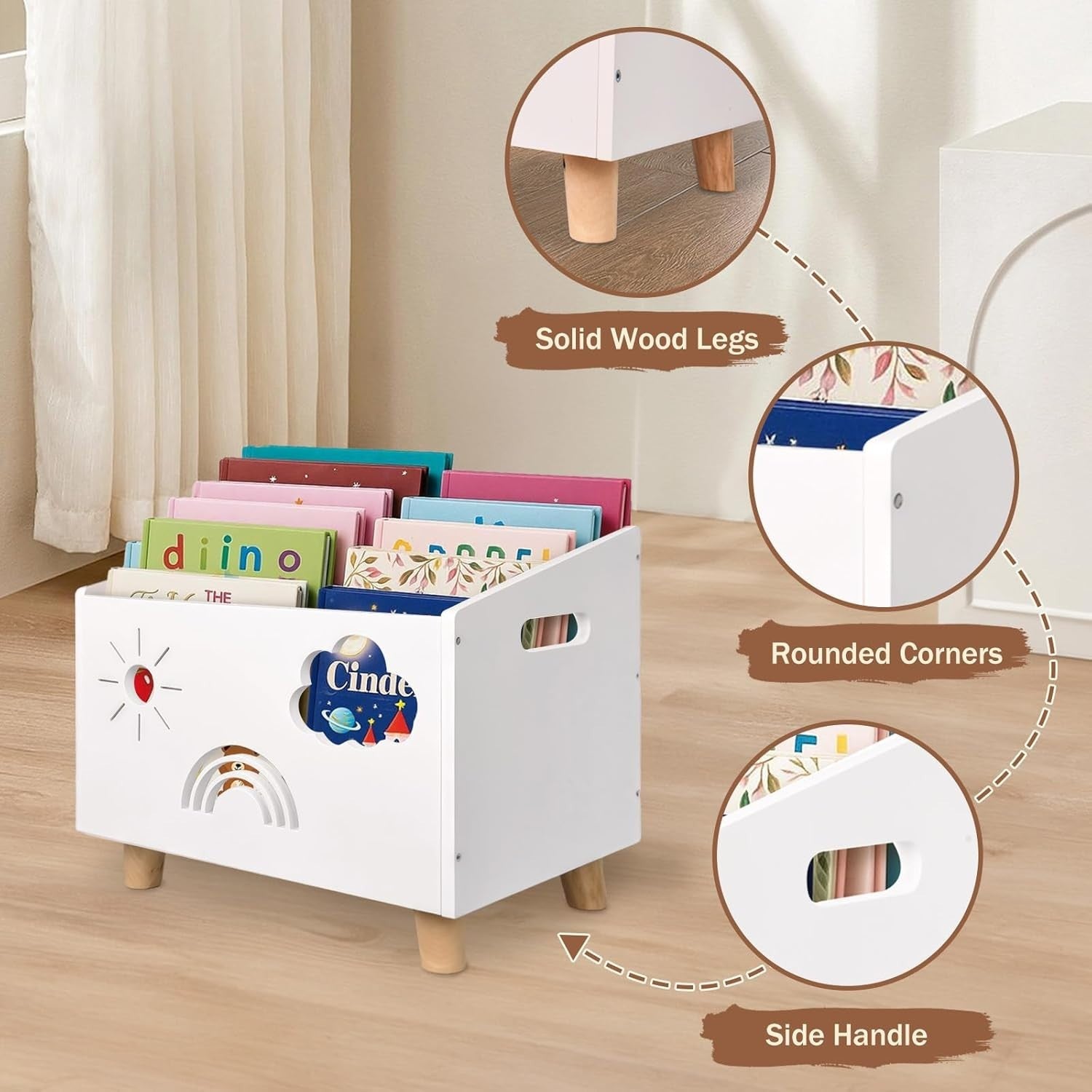 Wood Kids Bookshelf with Adjustable Dividers Montessori Toddler Book Rack