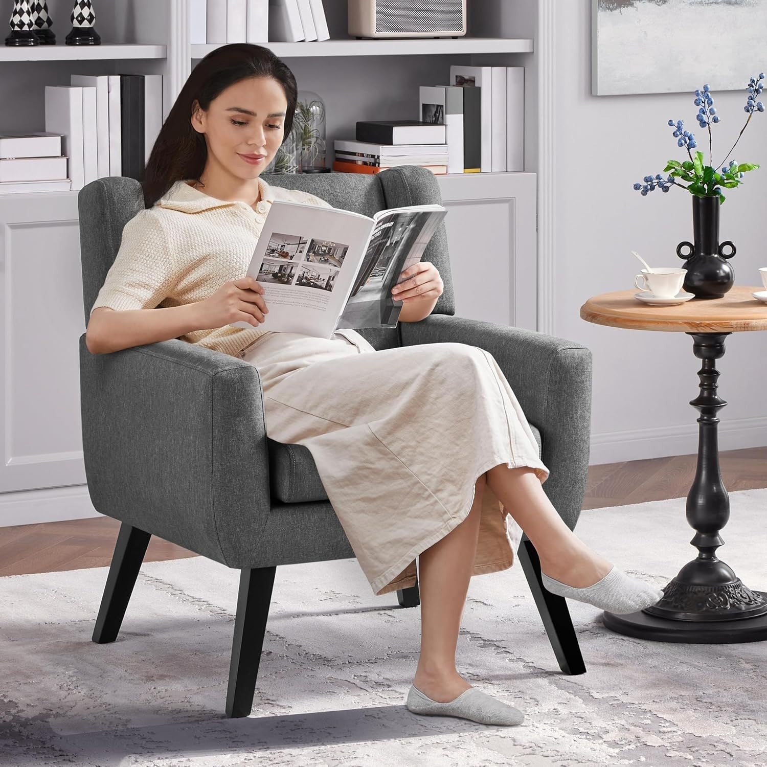 Modern Dark Grey Linen Armchair | Button Tufted Tub Chair for Living Room