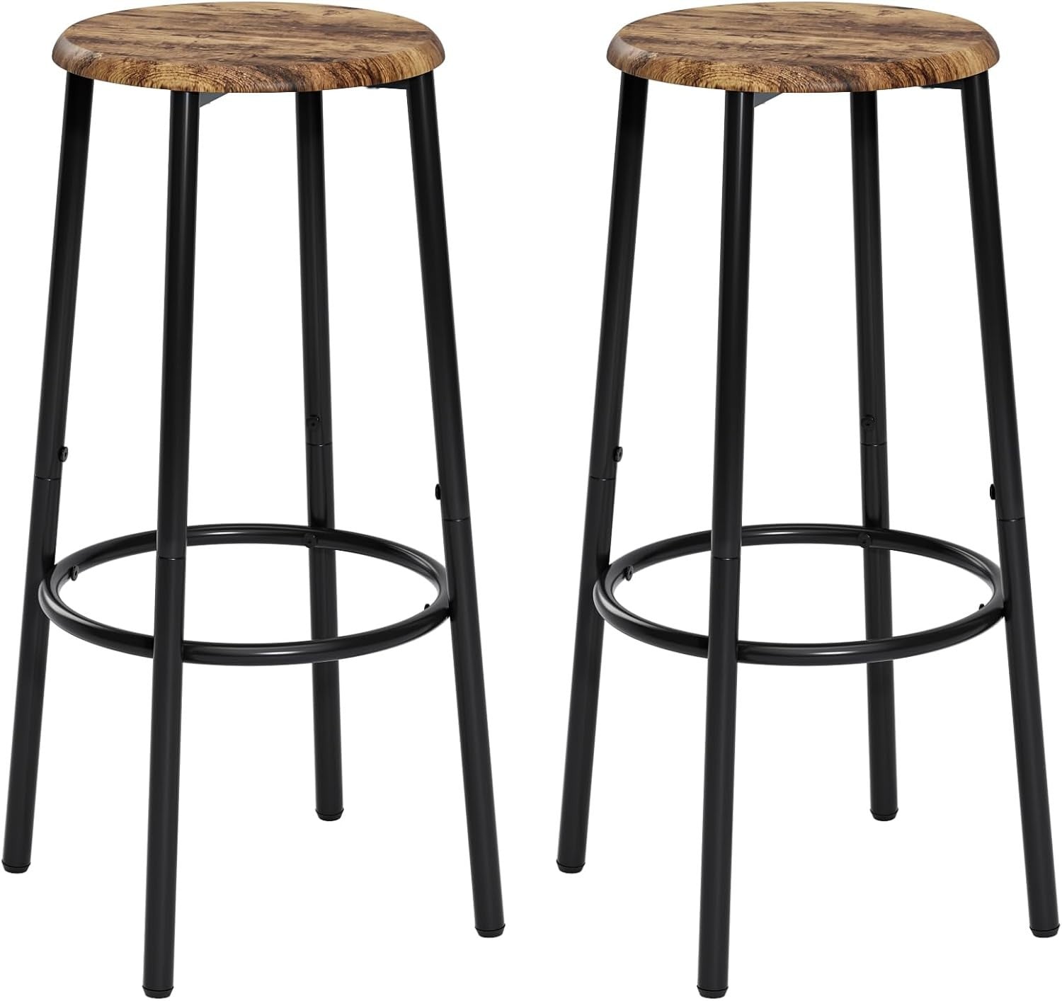 Set of 2 Rustic Brown Round Bar Stools Industrial Counter Footrest