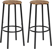 Set of 2 Rustic Brown Round Bar Stools Industrial Counter Footrest