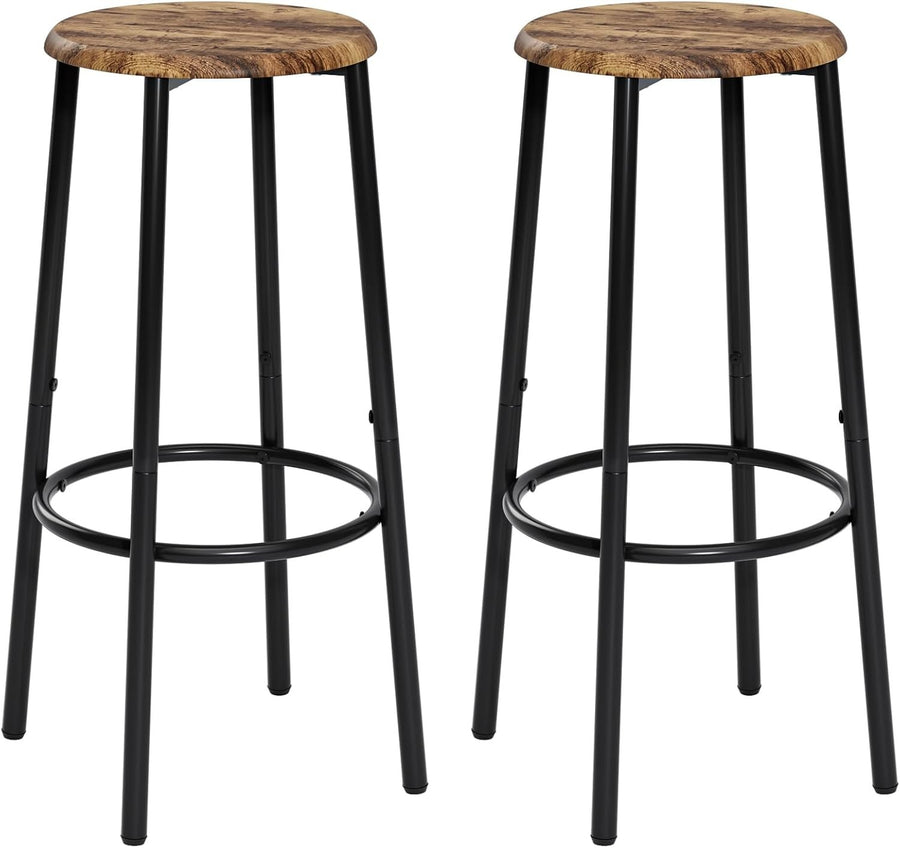 Set of 2 Rustic Brown Round Bar Stools Industrial Counter Footrest