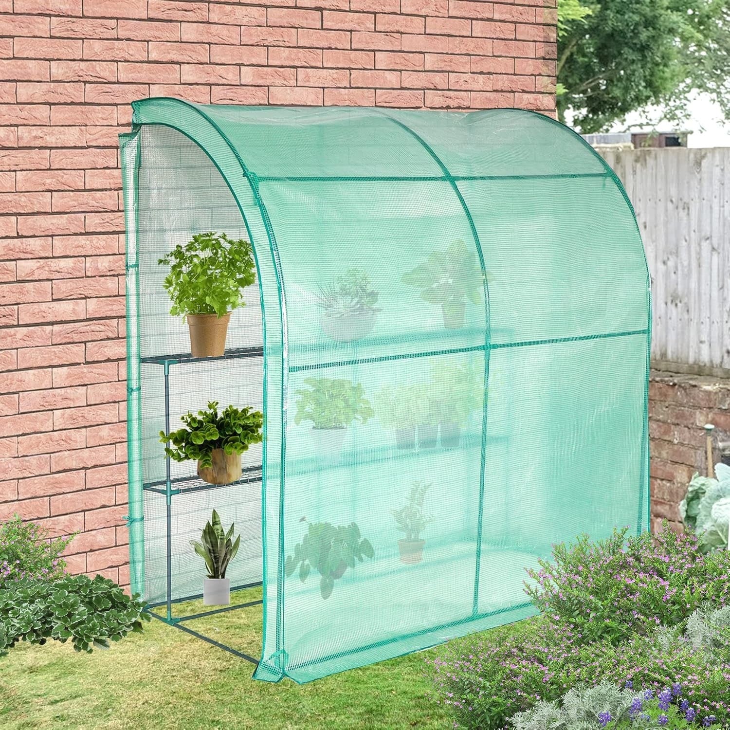 Walk-In Wall Greenhouse with Shelves Waterproof PE Cover Steel Frame