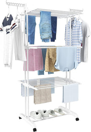 4 Tier Clothes Airer Stainless Steel Foldable Drying Rack with Wheels White