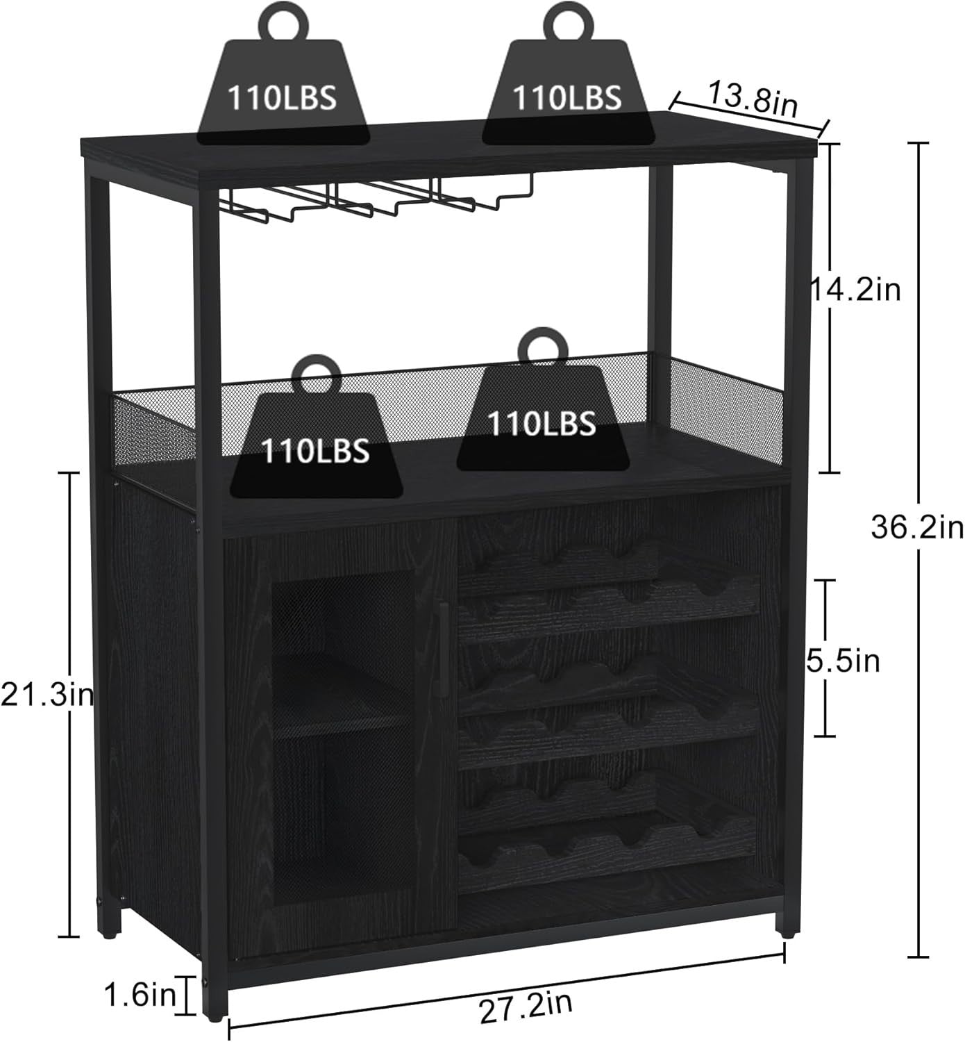 Black Industrial Wine Bar Cabinet with 12 Bottle Rack & Glass Holder, 69x35x92cm