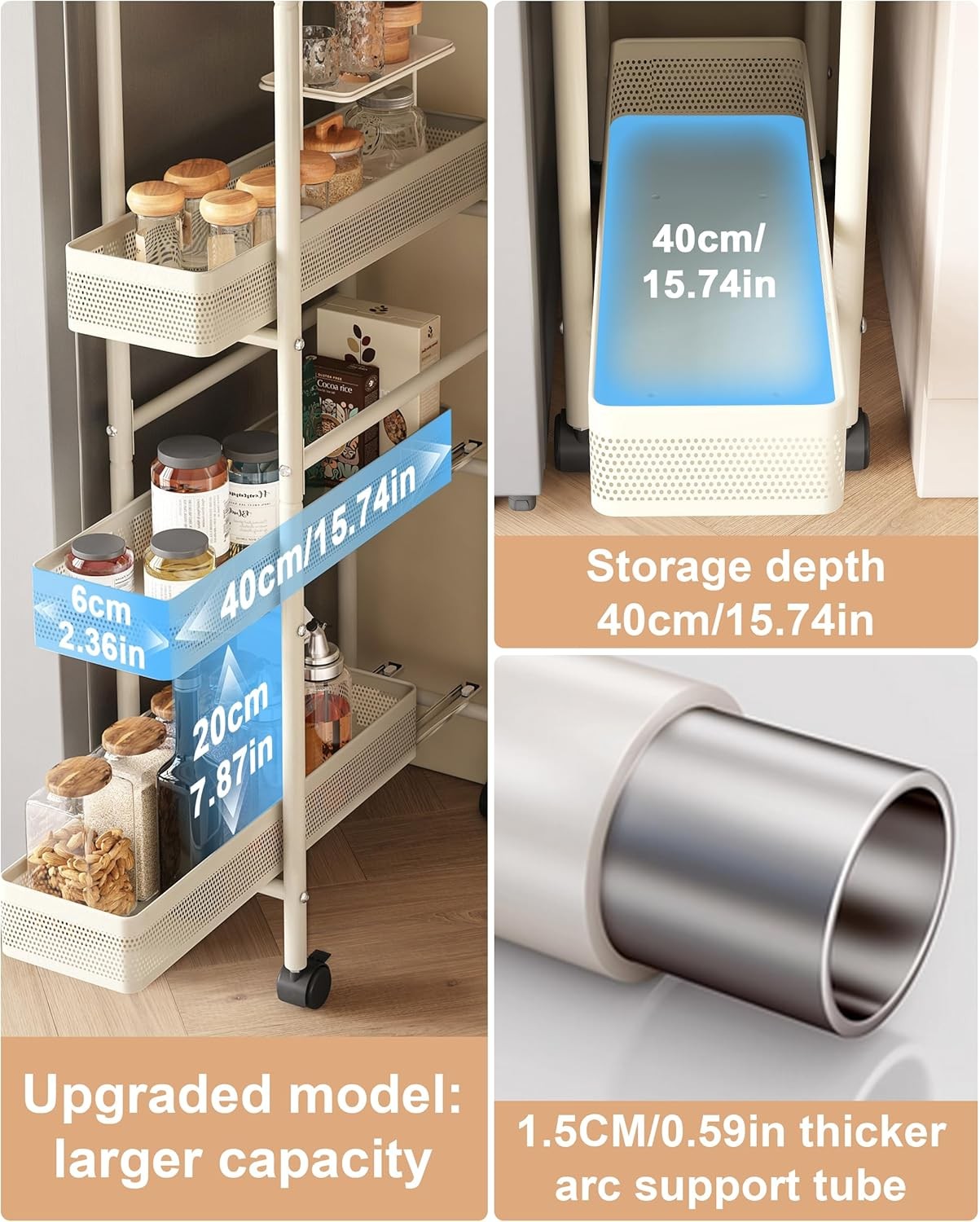 Slim Kitchen Storage Trolley 4 Tier Pull Out Drawers Narrow Cart on Wheels