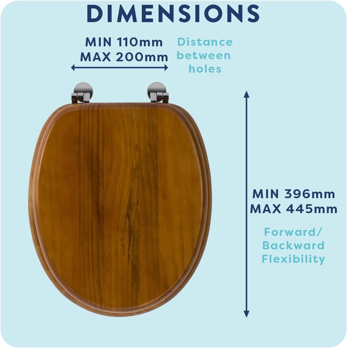 Solid Pine Toilet Seat Wooden Oval Adjustable Hinges Chrome Fixings 48x38x7cm