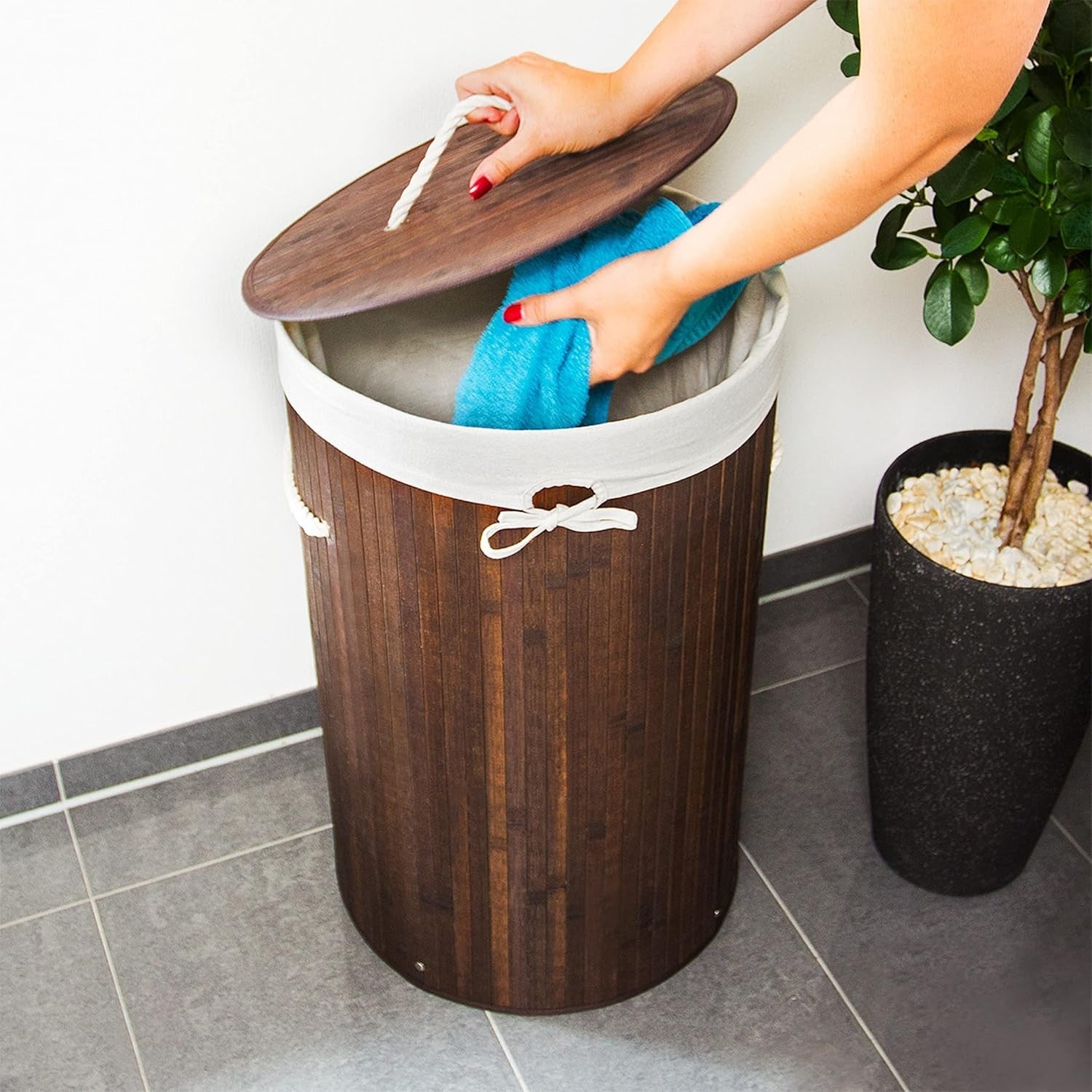 Round Bamboo Laundry Basket 80L with Lid & Cotton Liner Foldable Brown 65×41cm