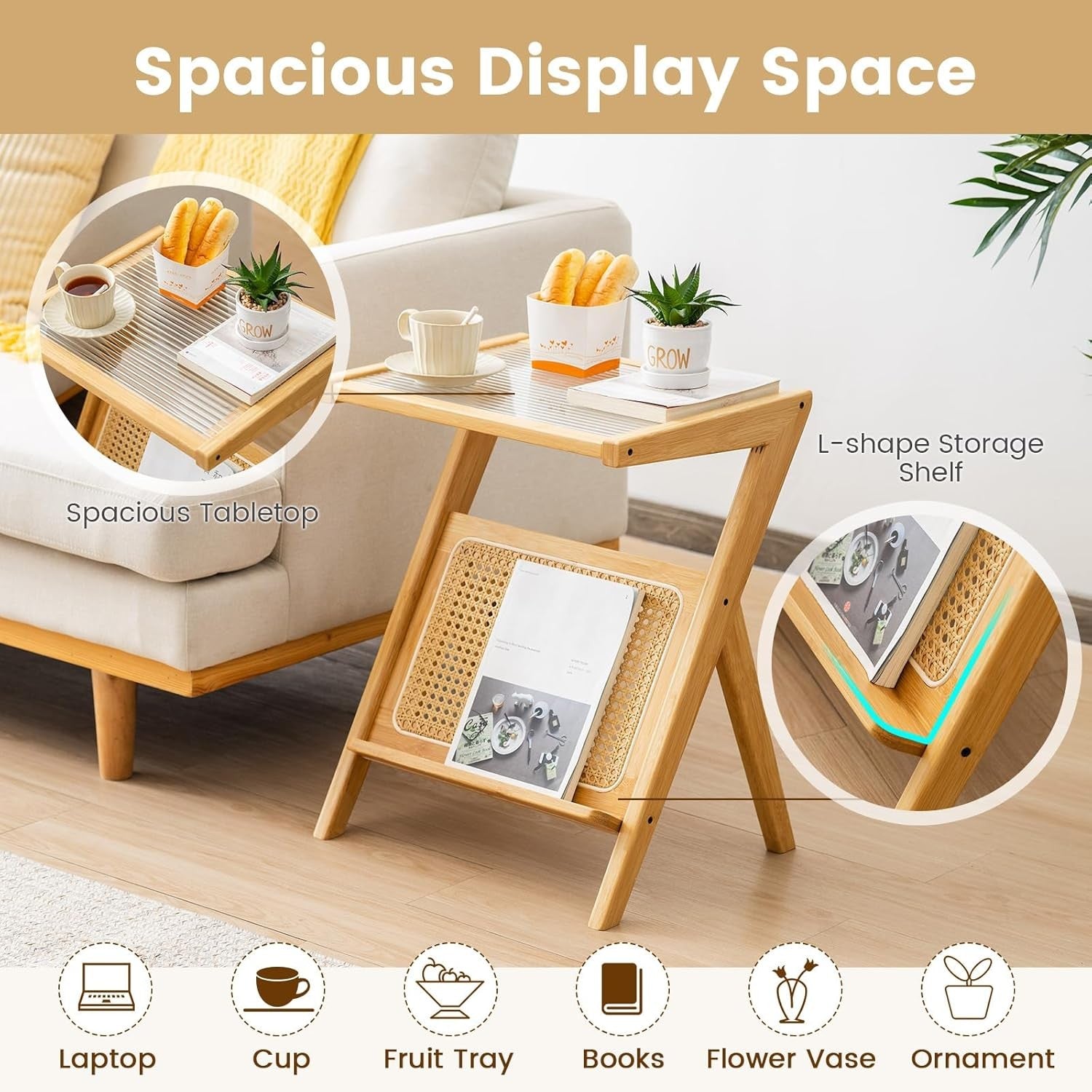 Slim Bamboo Side Table with Glass Top & Magazine Rack | 2-Tier Bedside Sofa Tabl
