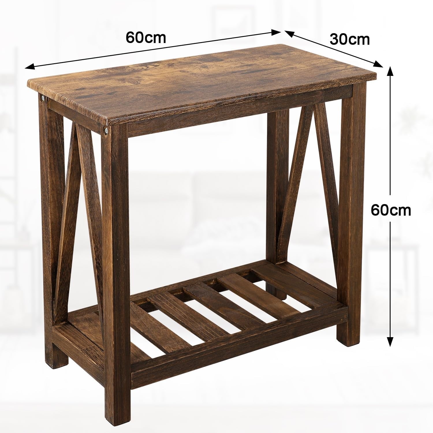 Narrow Brown Industrial Side Table with Storage Shelf, Compact Sofa Nightstand