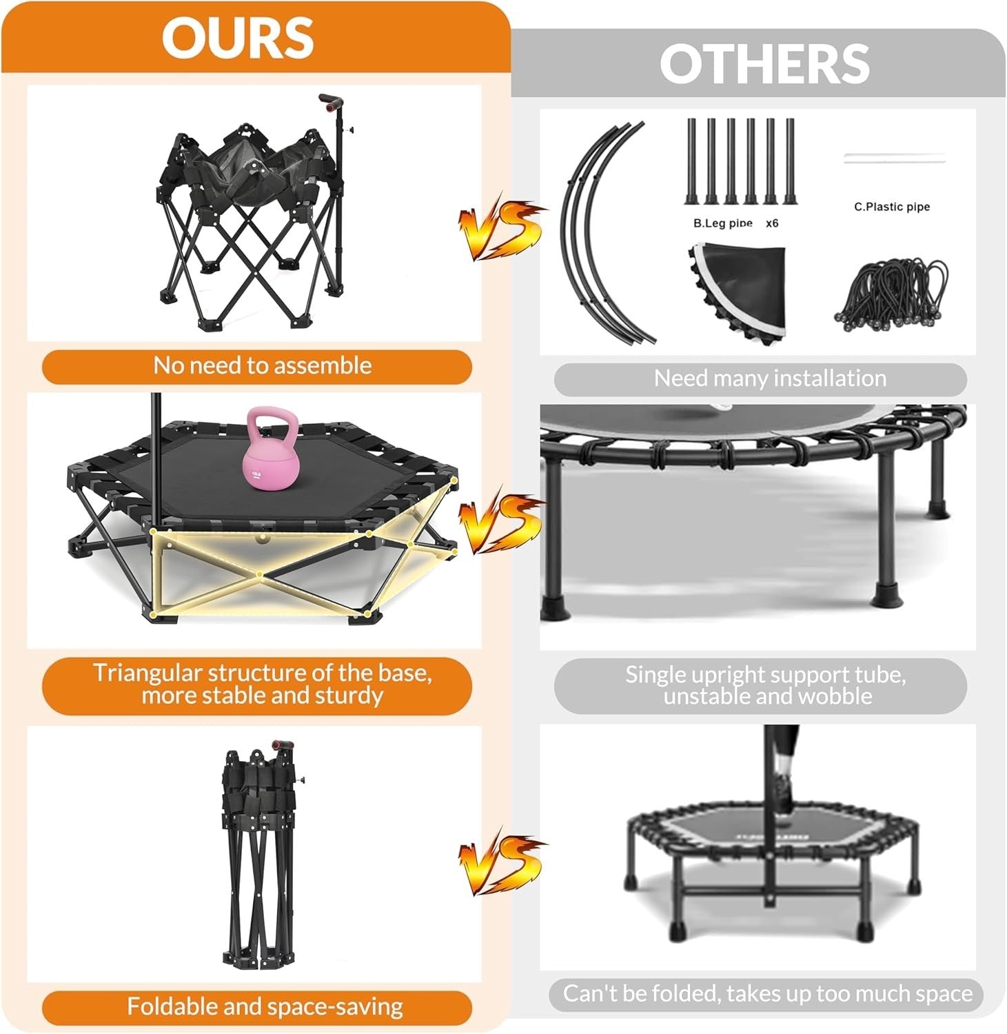 Foldable Mini Trampoline Kids Adults Indoor Fitness Rebounder Handle 110cm