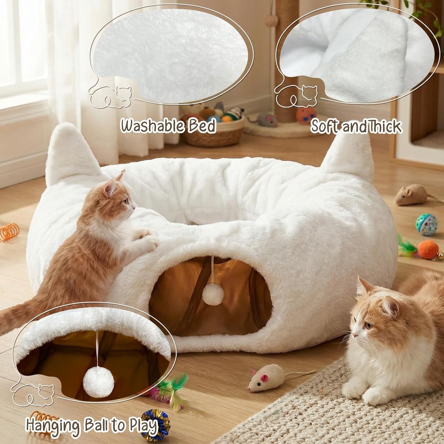 Plush Cat Tunnel Bed Round Donut Cave w Washable Cushion White