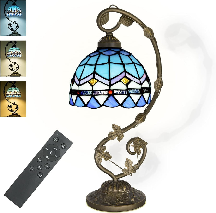 Stained Glass Table Lamp LED Remote Dimming 3 Color Modes for Bedroom