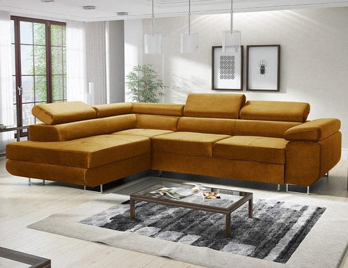 Mustard Corner Sofa Bed with Storage, Adjustable Headrests, Modern L Shape