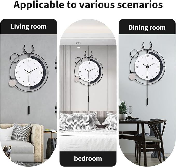 Modern Large Pendulum Wall Clock 25in Silent Quartz Metal Deer Design Home