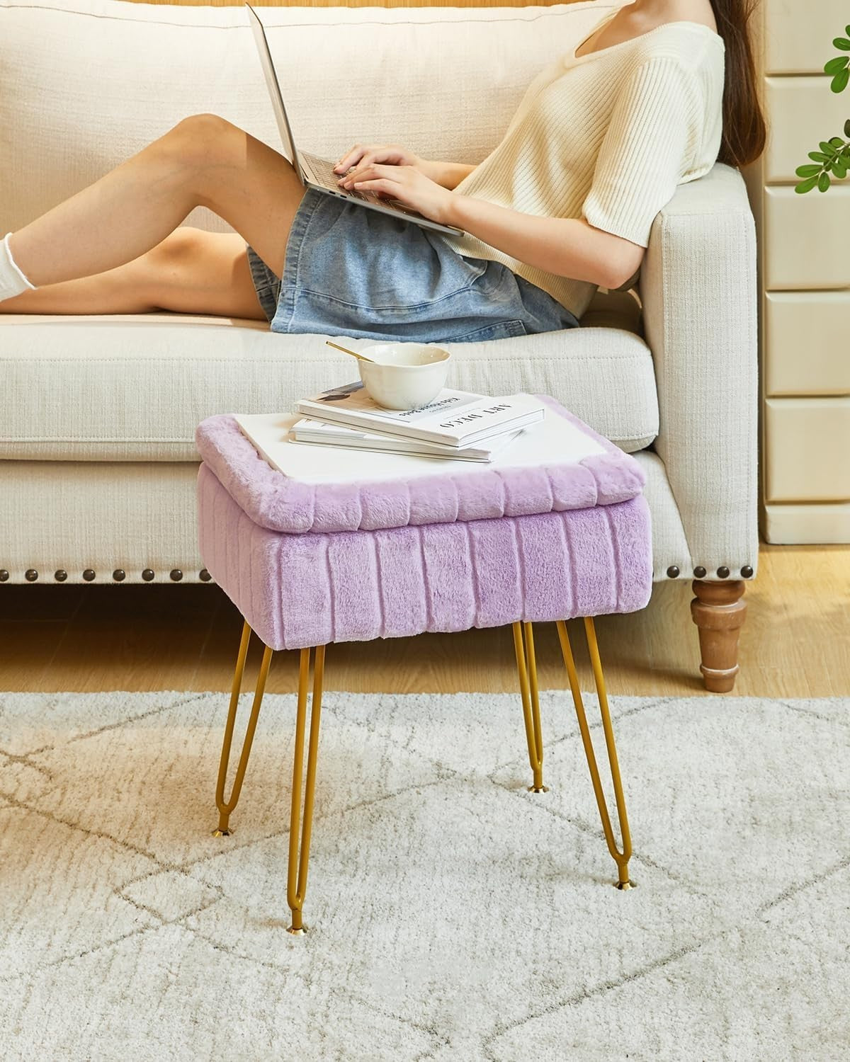 Purple Faux Fur Storage Footstool – Ottoman Stool with Metal Legs