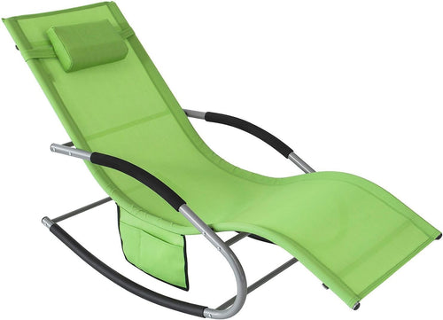 Garden Rocking Sun Lounger Recliner Chair w/ Pillow & Side Pocket Green