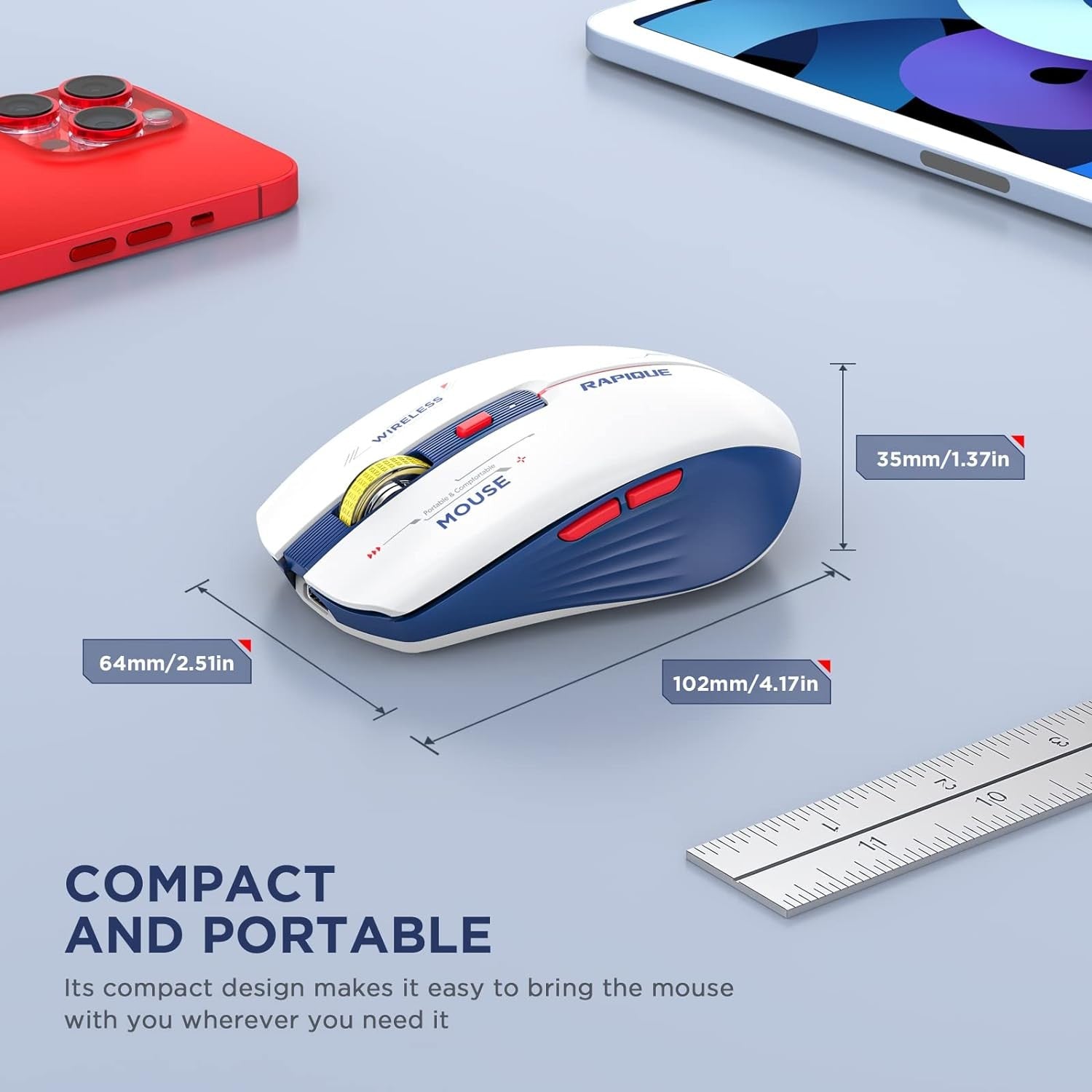 RAPIQUE Bluetooth Wireless Mouse Tri-Mode USB Multi-Device Blue White