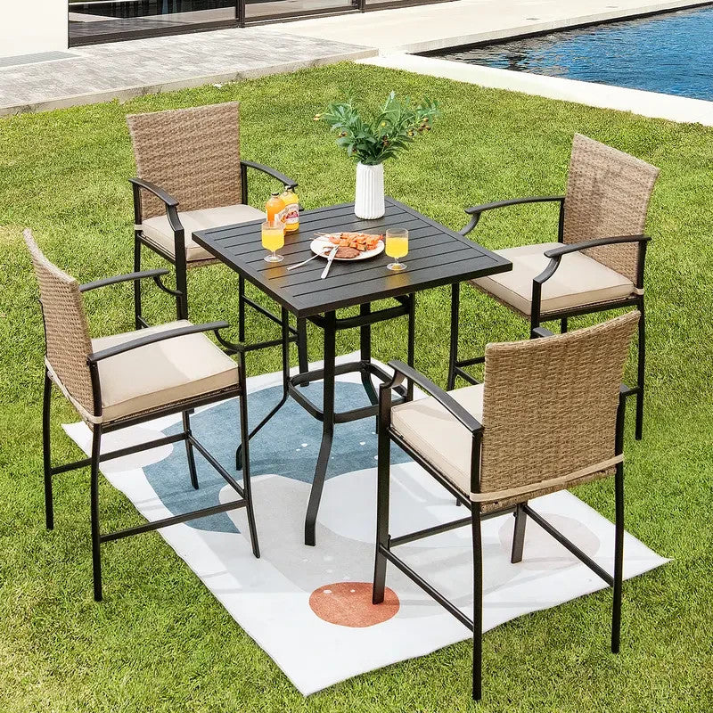 4x Outdoor Rattan Bar Stools with Cushions High Backrest Garden Patio