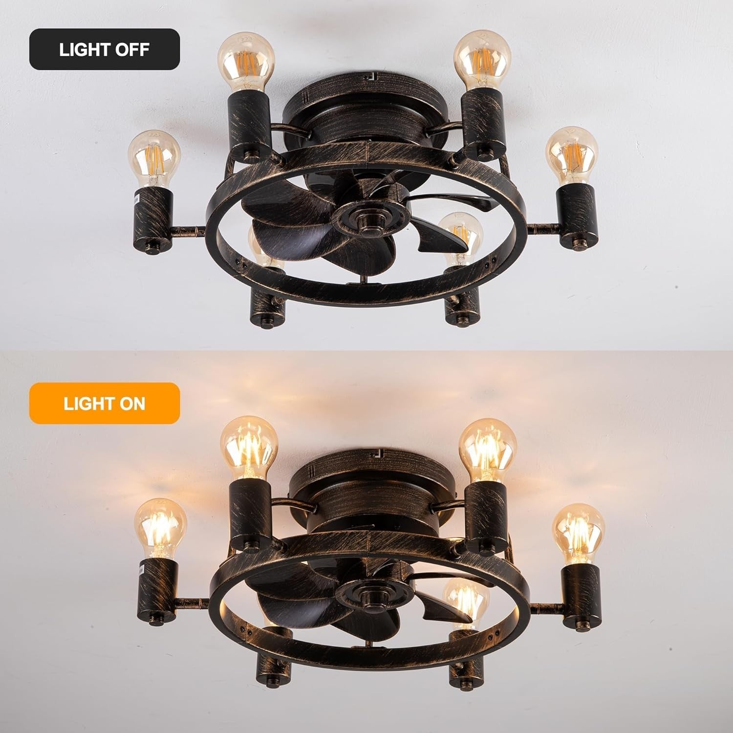 52cm Industrial Ceiling Fan Light, 6 Lights, Remote, Flush Mount, Black