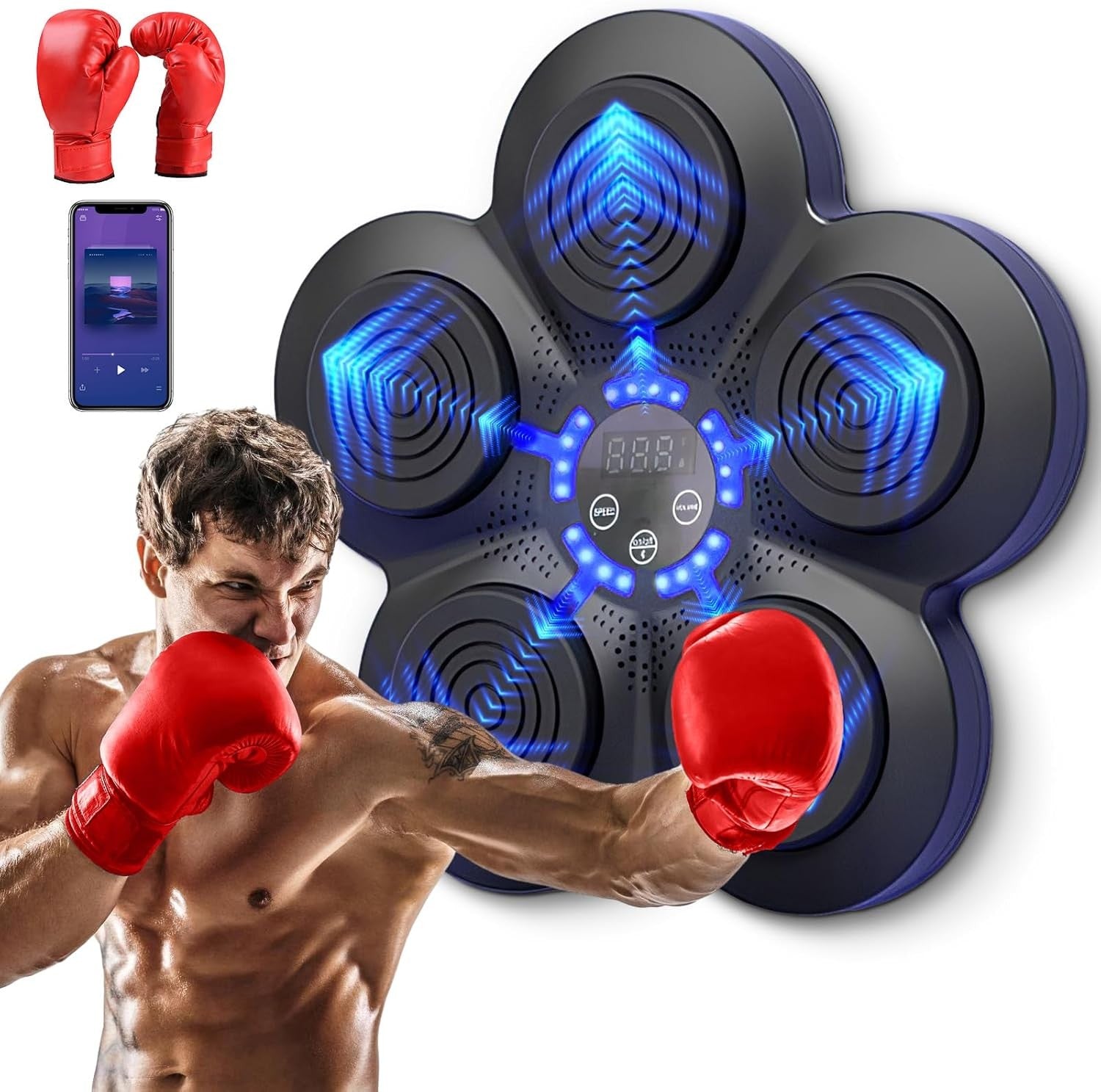 Music Boxing Machine Bluetooth LED Wall Pad Training Set Blue Lights Black