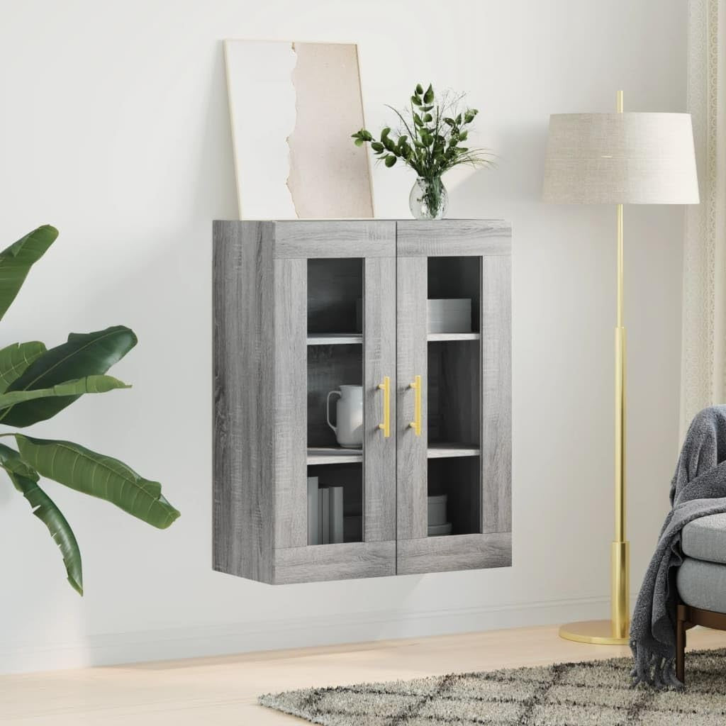Wall Mounted Grey Sonoma Storage Cabinet with Glass Doors & Gold Handles