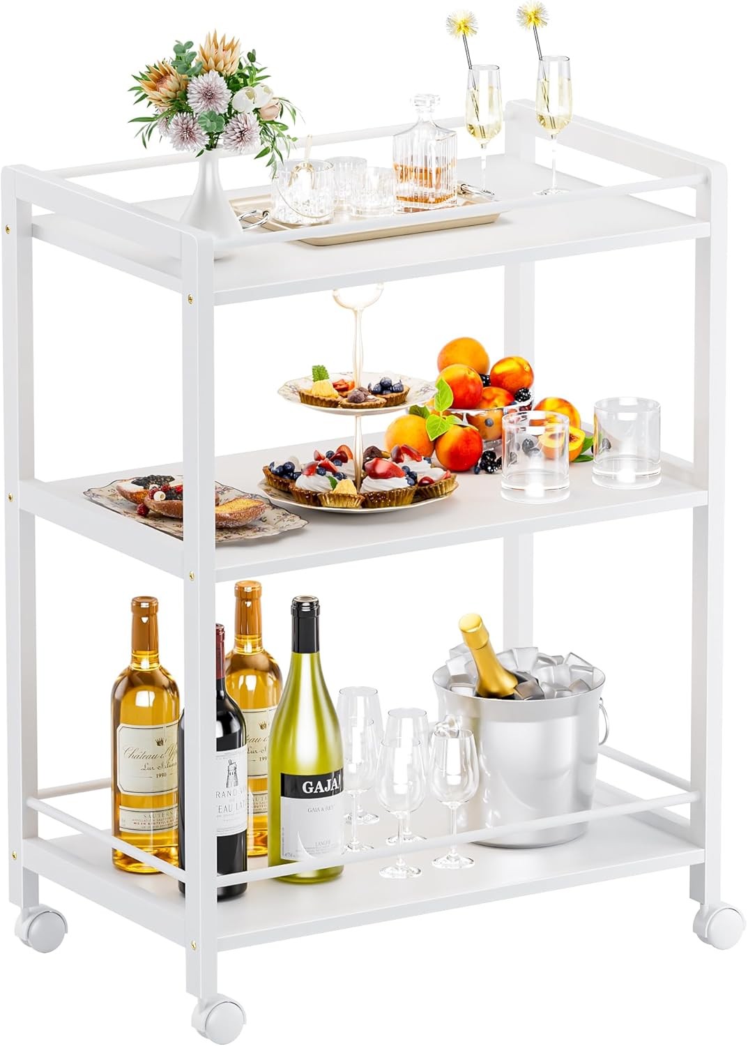 3 Tier White Bar Cart Rolling Drinks Trolley Storage Shelves Wheels