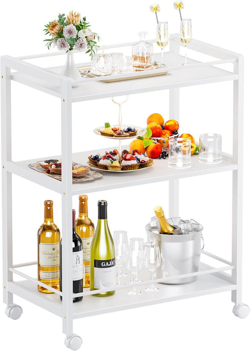 3 Tier White Bar Cart Rolling Drinks Trolley Storage Shelves Wheels