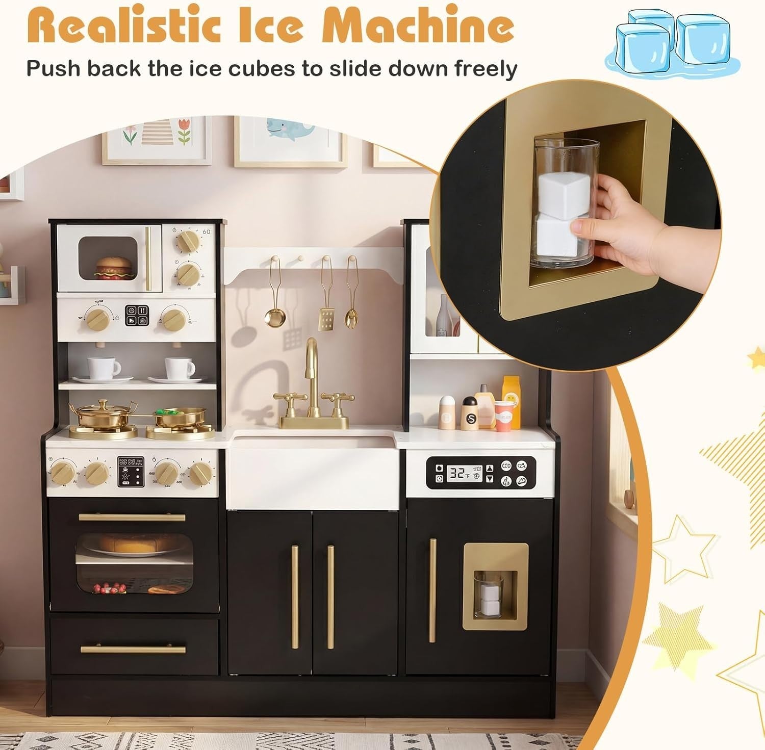 Luxury Kids Wooden Play Kitchen Lights Sounds Ice Maker Black Set