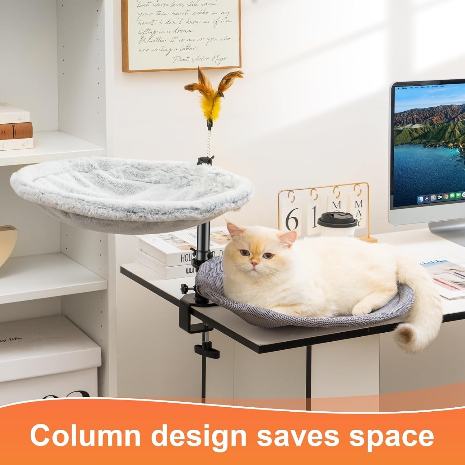 Adjustable Cat Desk Perch 360° Rotating Clamp On Bed w Washable Covers