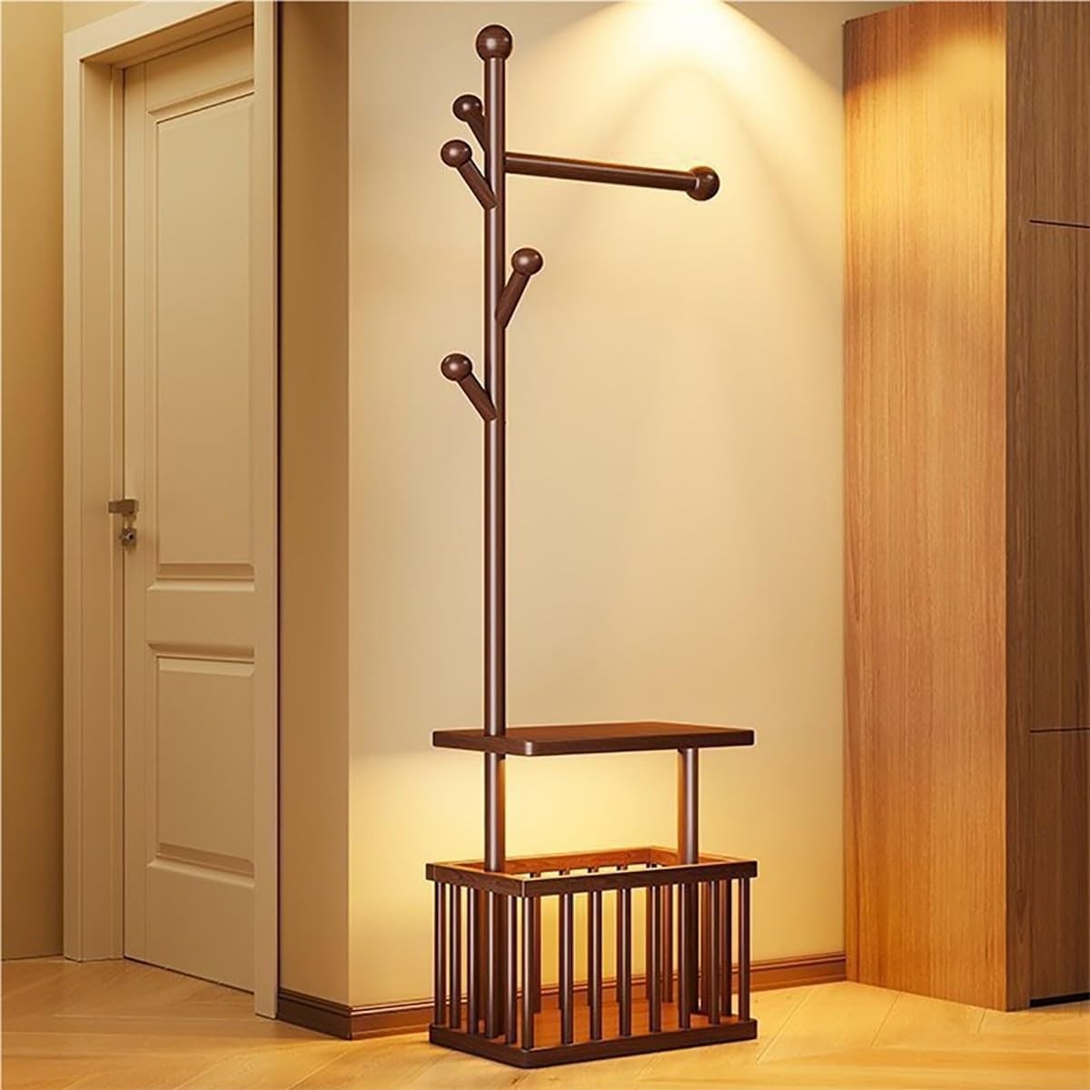 Solid Wood Coat Rack with Wheels & Storage Basket Freestanding Hall Stand