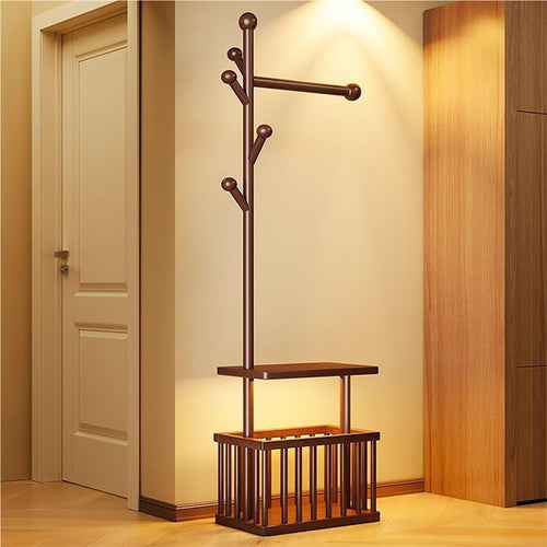 Solid Wood Coat Rack with Wheels & Storage Basket Freestanding Hall Stand