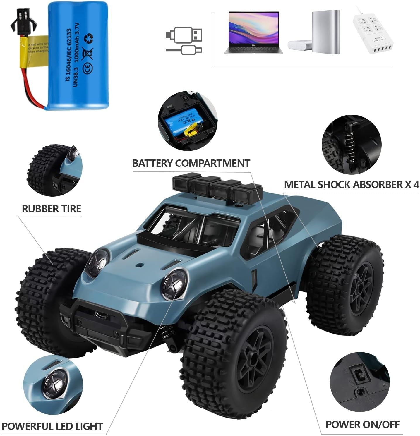 1:20 RC Off-Road Car 20KM/H 2.4GHz Monster Truck Toy 2 Batteries 50min