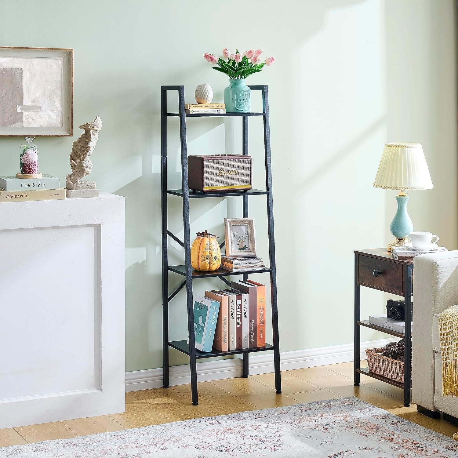 Industrial Ladder Bookshelf 4 Tier Tall Narrow Storage Shelf Metal Frame