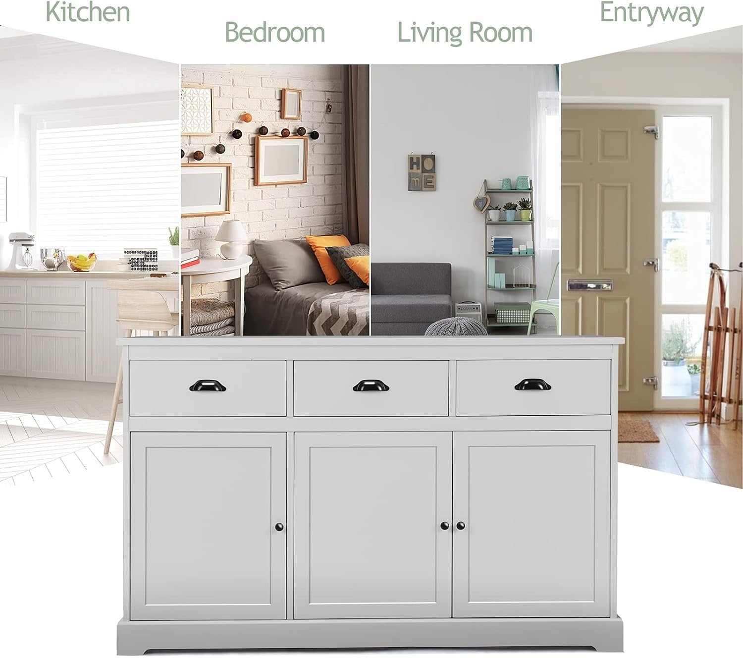 Grey Large Sideboard Buffet Cabinet with 3 Drawers & Adjustable Shelves