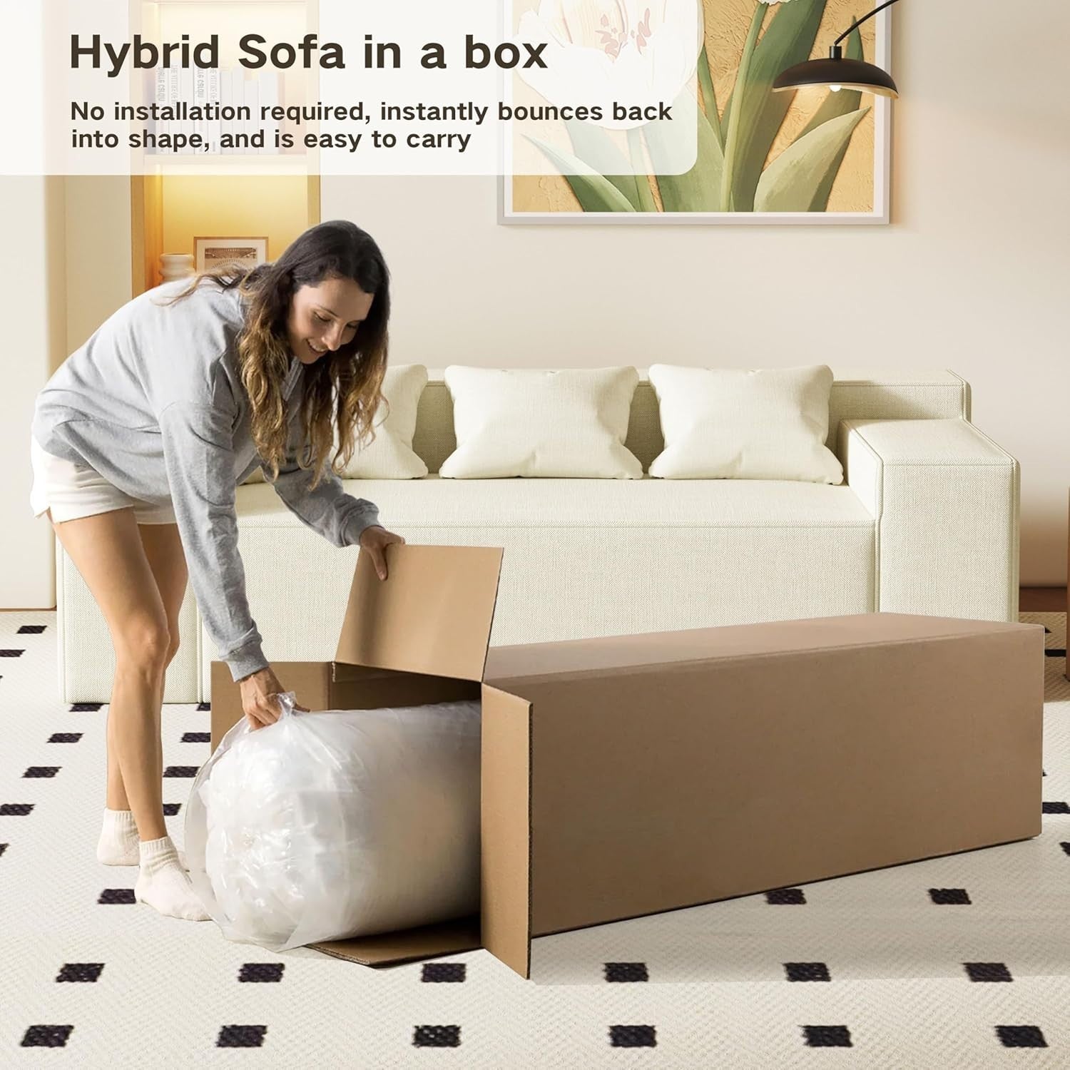 Beige Sofa in a Box 3 Seater Fabric Couch Small Space No Assembly