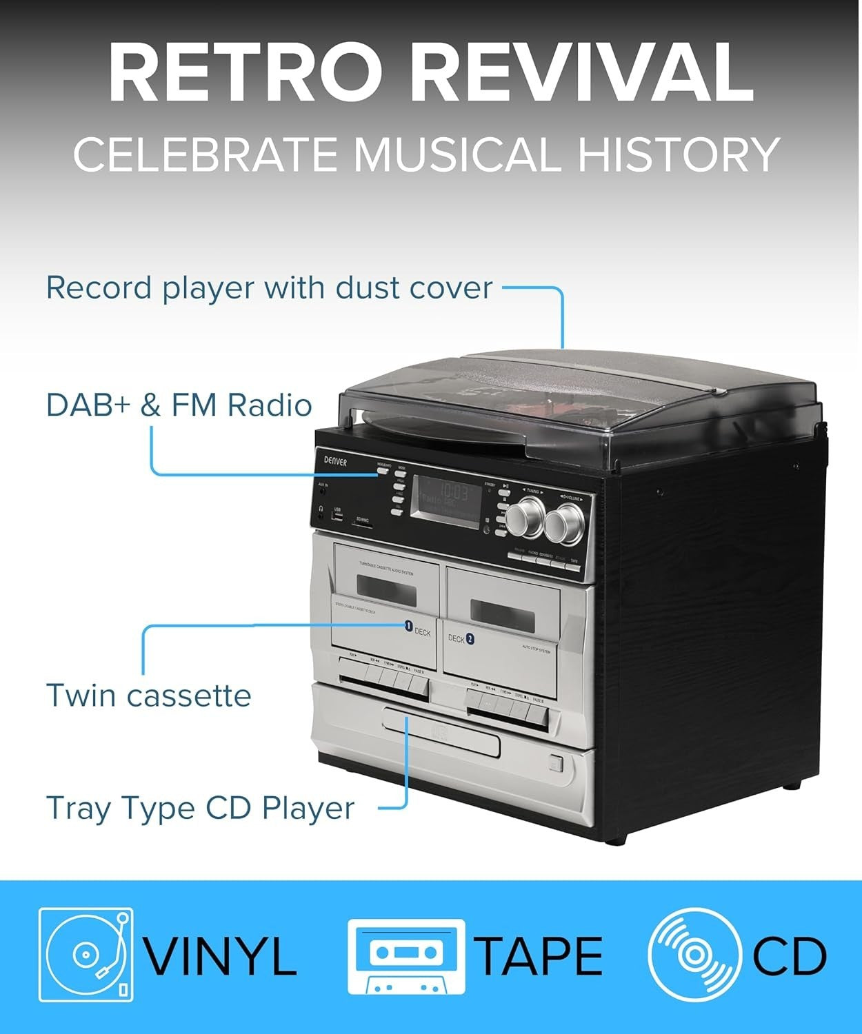 Record Player Turntable Cassette CD Hi-Fi System USB Recording DAB/FM Radio