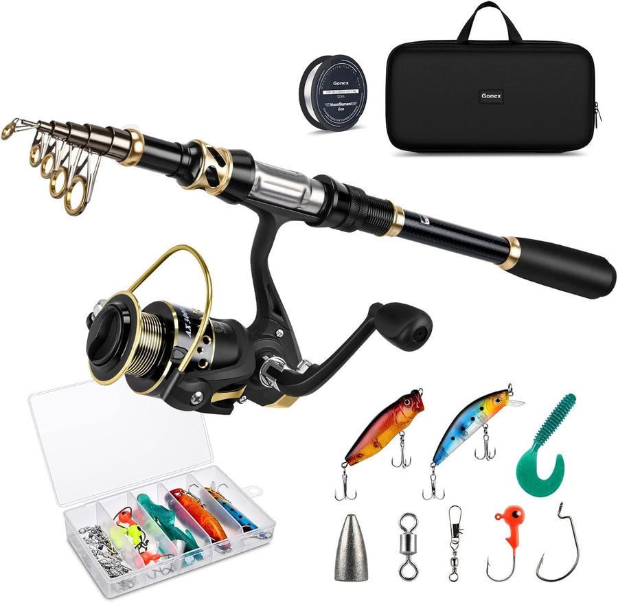 Telescopic Fishing Rod Spinning Reel Combo Kit with Lures Bag Carbon 1.8M