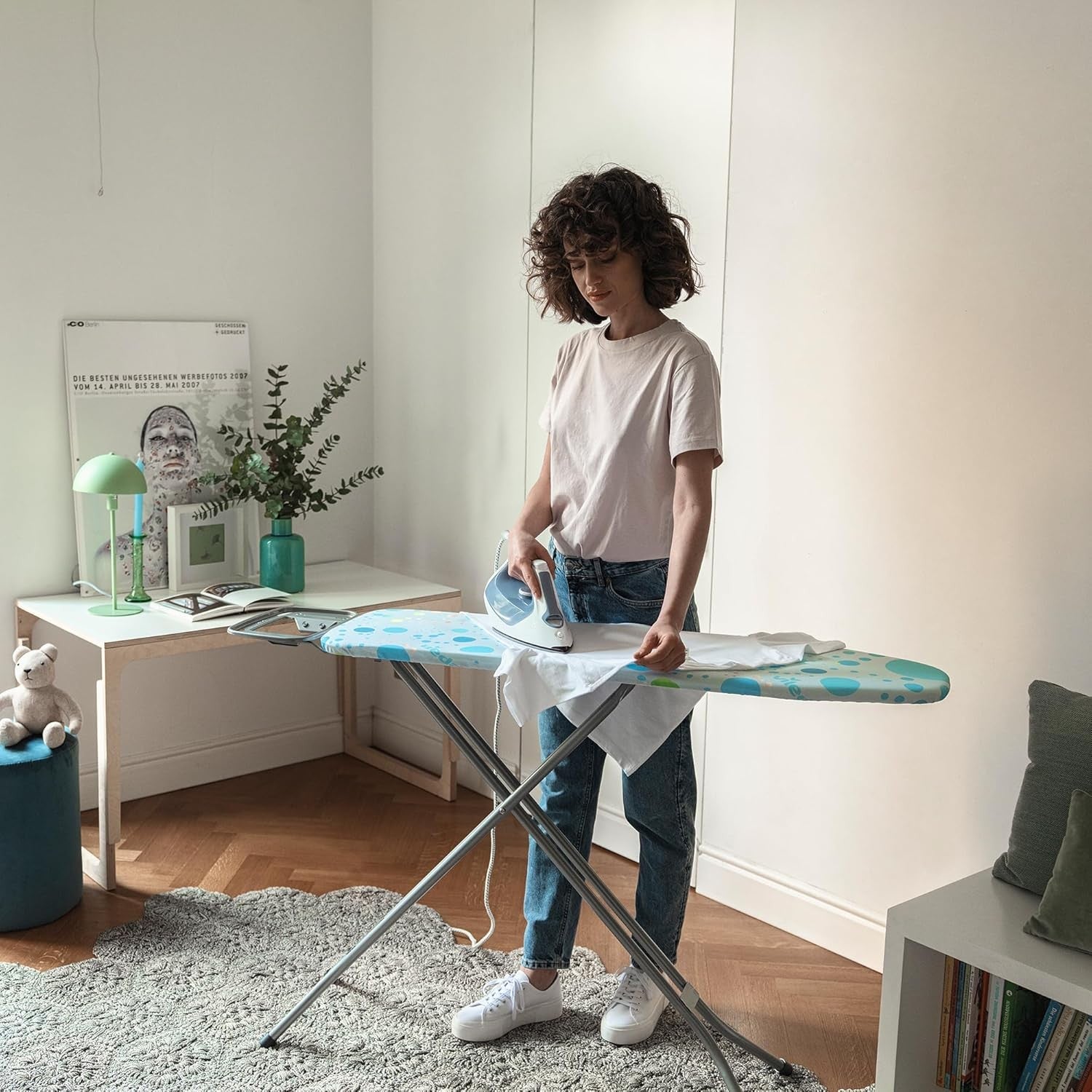 Adjustable Ironing Board with Hanger Hooks Compact 114x33cm Blue Non Slip