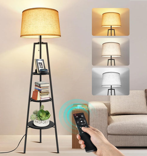 Tripod Floor Lamp with Shelves Remote Dimmable 4 Color Temps Timer Black
