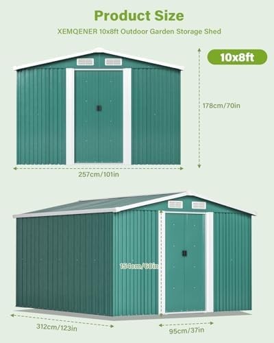 Lockable 10x8 FT Metal Garden Shed with Base Outdoor Storage House