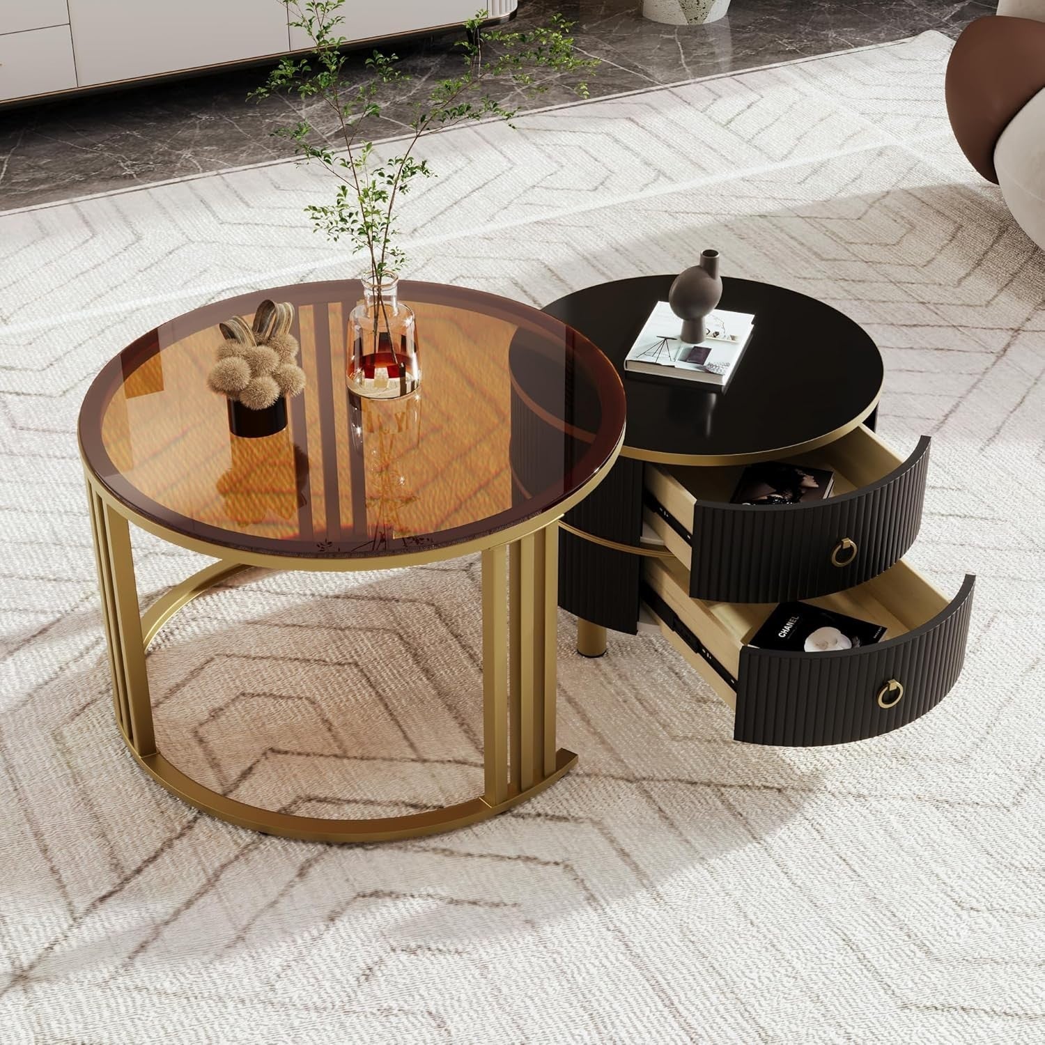 Round Glass Nesting Coffee Table Set with Drawers – Gold Frame, Space Saver