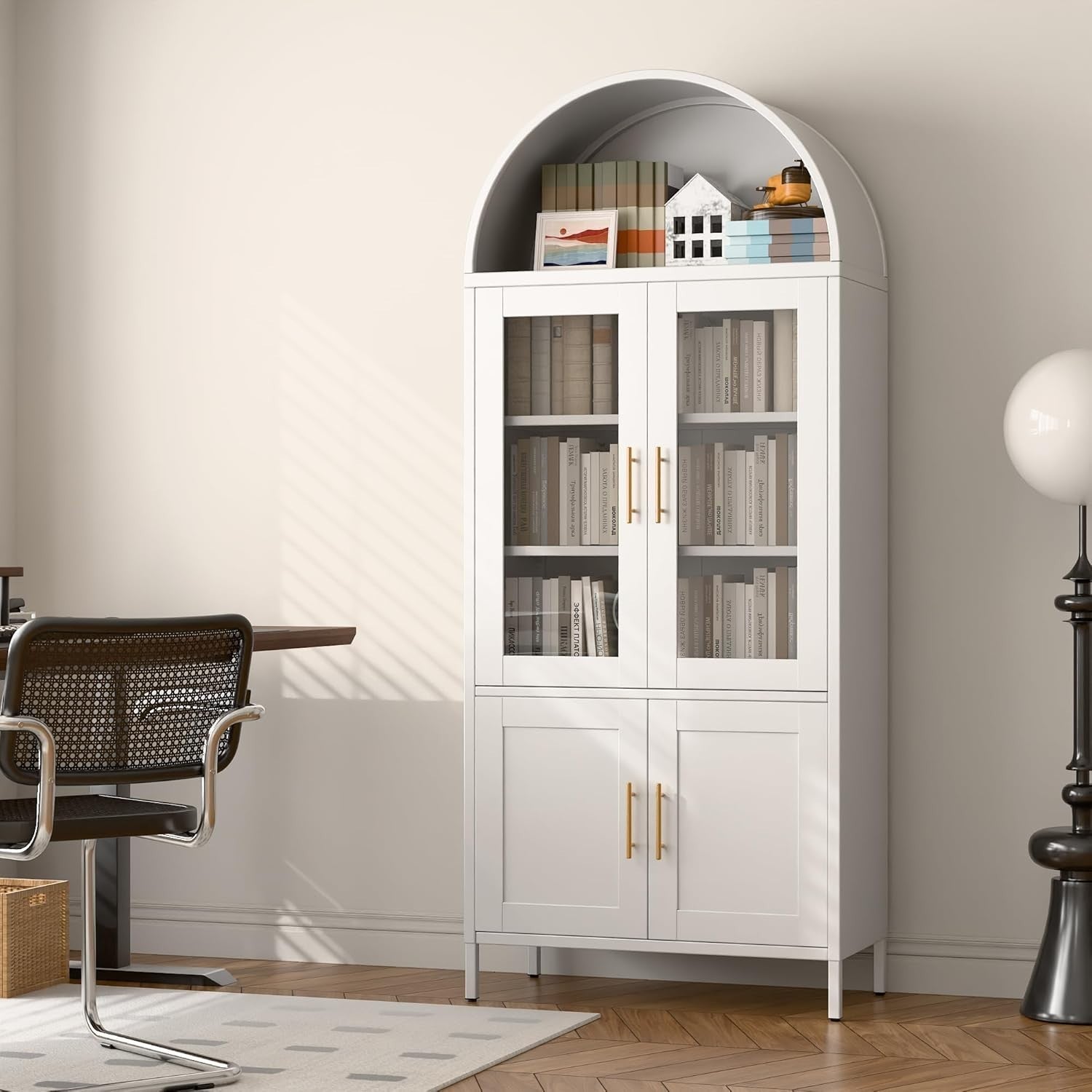 Tall White Kitchen Pantry Cabinet Glass Doors Metal Storage 185cm Modern