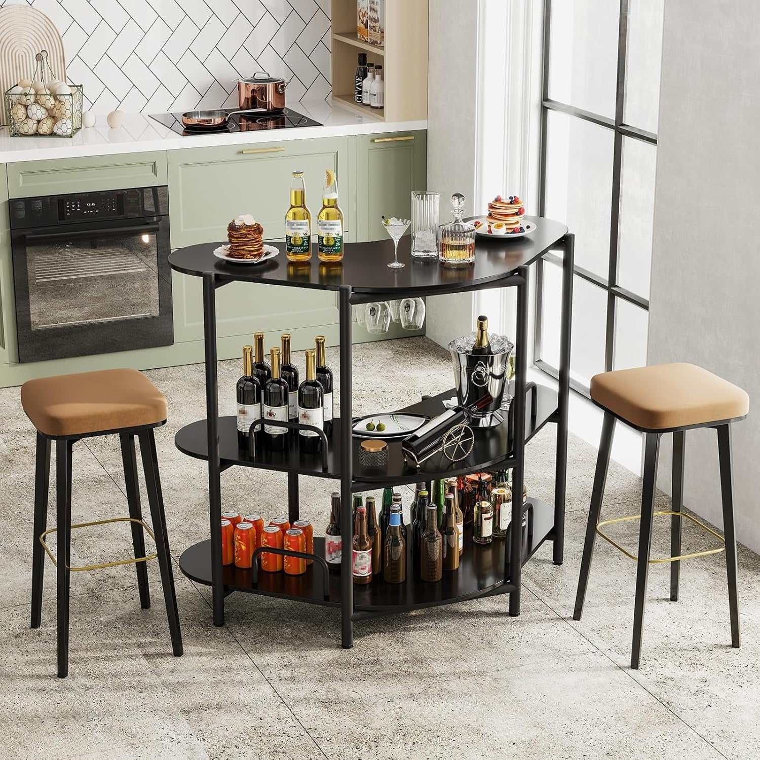 3-Tier Wine Bar Cabinet with Glass Holder, Freestanding Drinks Storage Table