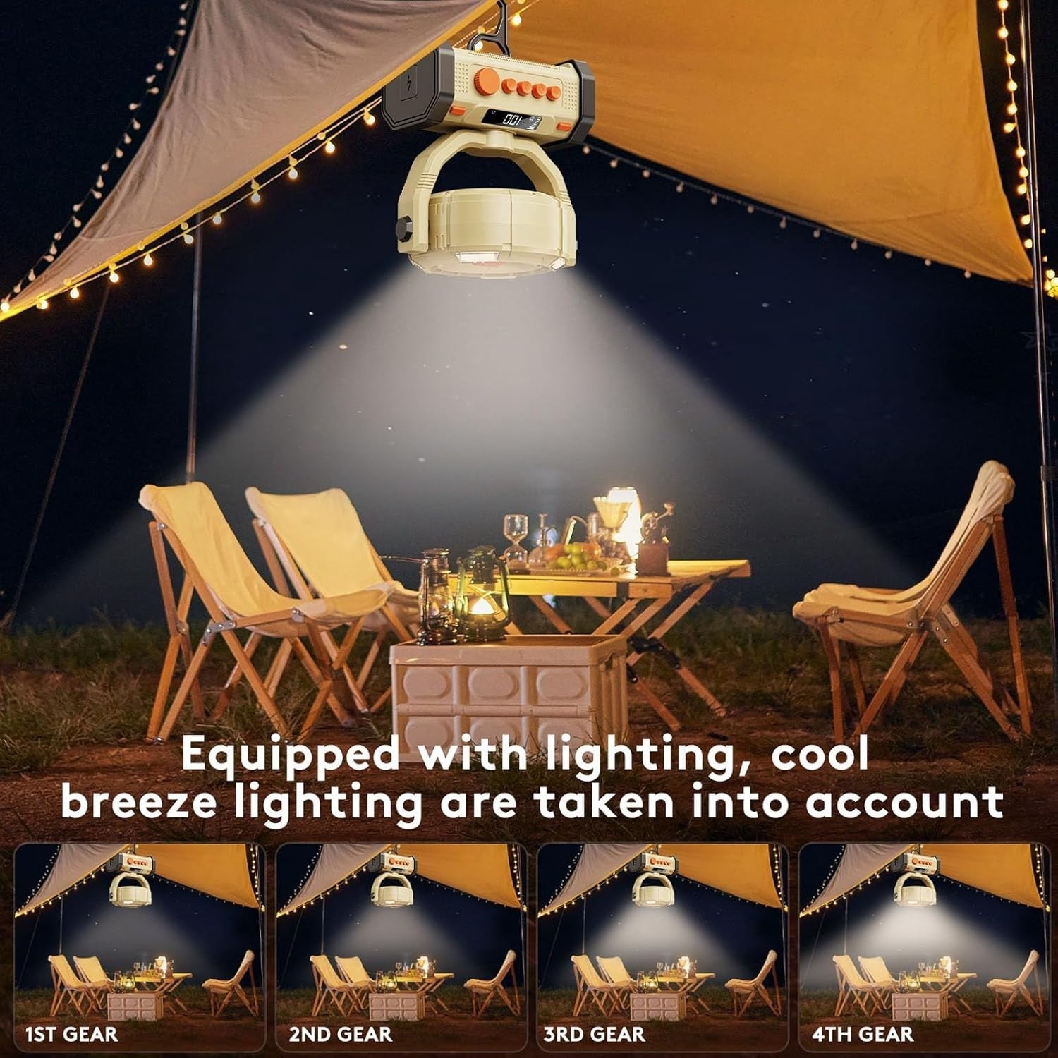 13.4-Inch Portable Camping Fan - 4Speed Rechargeable Silent Cooling Fan 18000mAh