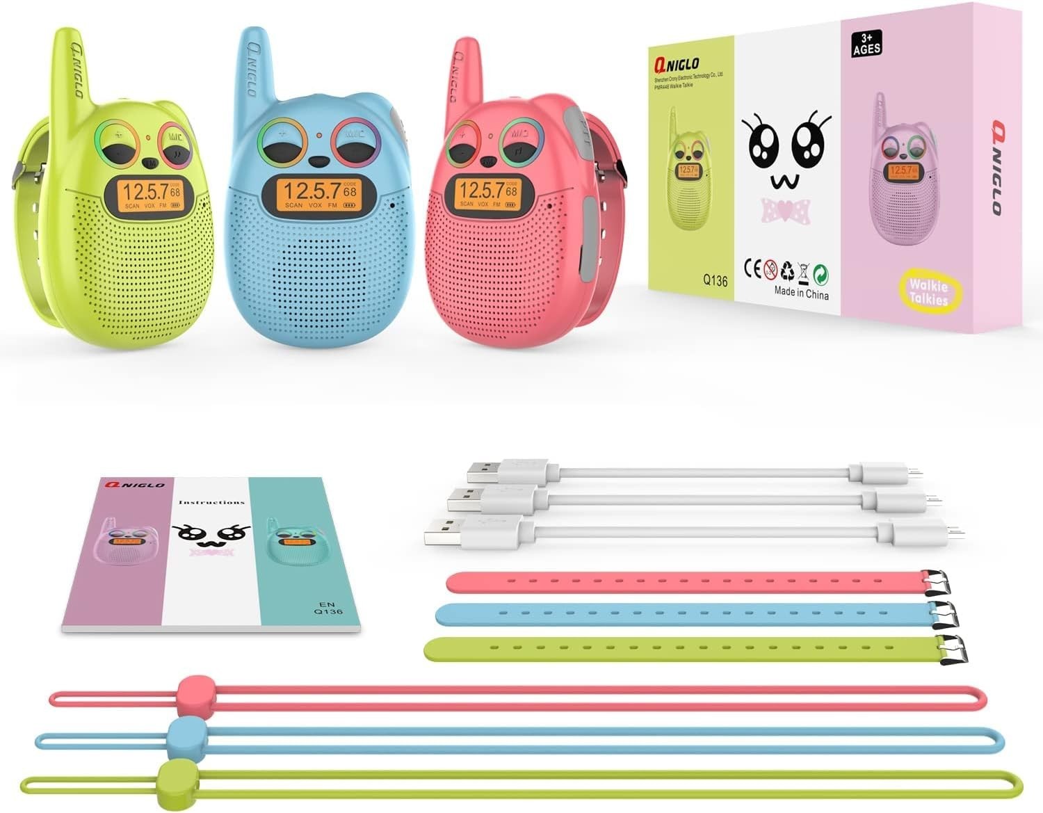 Kids Rechargeable Walkie Talkies 3 Pack Watch Strap VOX FM Radio Toy