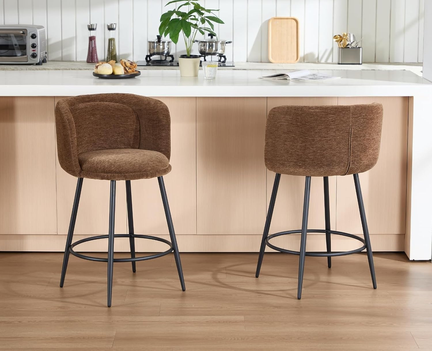 Counter Bar Stools Set of 2 | Brown Chenille L-Shaped Dining Chairs